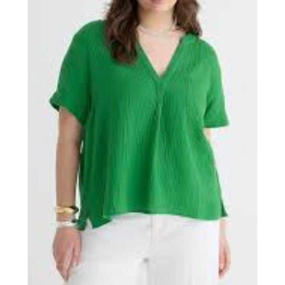 J.Crew Double Gauze V-Neck Popover Top M Kelly Green Preppy Coastal Capsule Airy